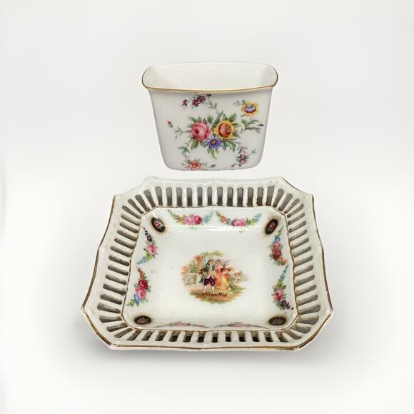Minton Floral Toothpick Holder & Bavaria Schumann Reticulated Trinket Candy Dish - Picture 1 of 16